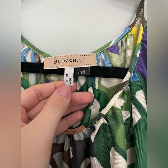 See by Chloe yellow purple green silk printed dress Size 6 - Picture 2 of 8